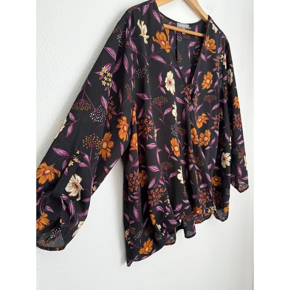 Peace & Pearls Faux Wrap Blouse size  2X Roll Tab Sleeve Floral Office Mod EUC - Picture 3 of 7